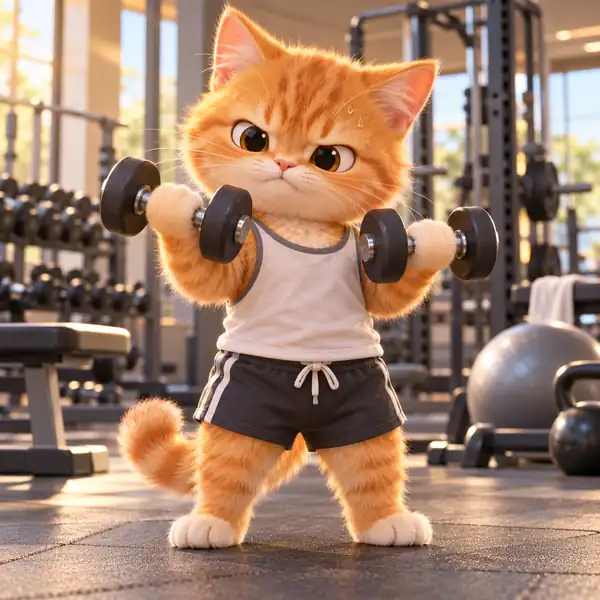 举哑铃健身的小猫